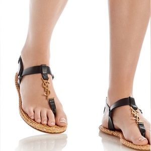 YSL Black Leather, Gold & Raffia Sandals